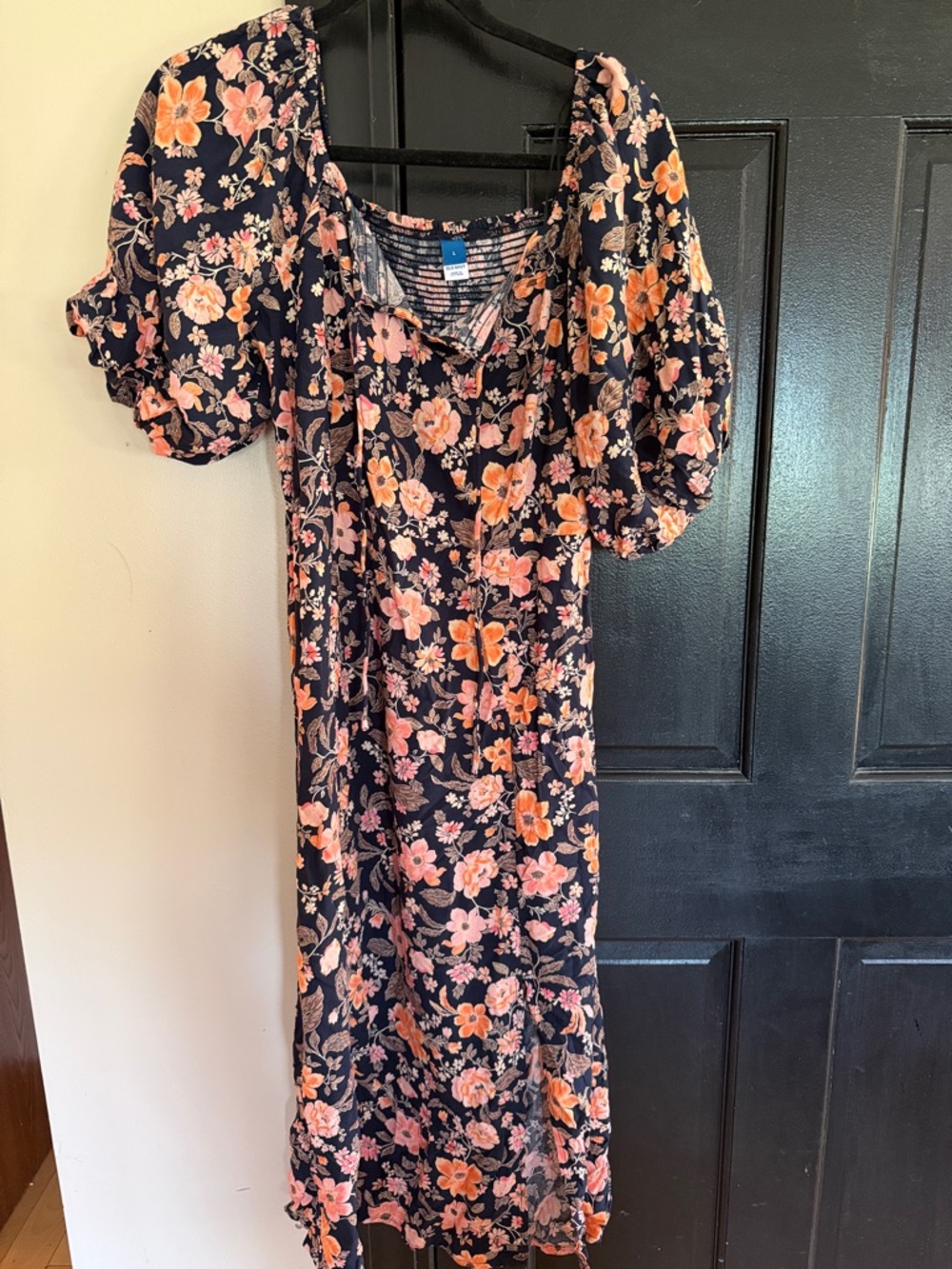 Old Navy Navy Midi Dress with Coral & Pink Floral Print
